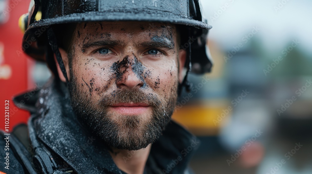 A brave firefighter, face covered in ash, embodies courage and dedication amidst action in a blurred background, likely during an intense firefighting operation. A brave firefighter, face covered in ash, embodies courage and dedication amidst action in a blurred background, likely during an intense firefighting operation.