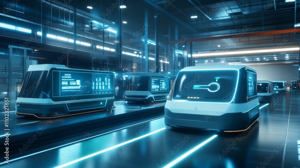 Obraz premium Autonomous Transport System of the Future - Futuristic Automated Vehicles in a Modern Facility