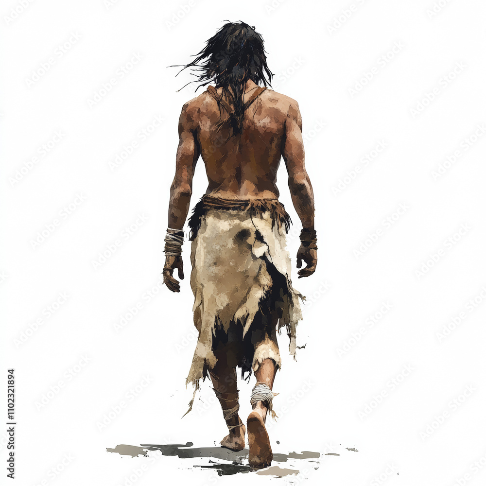Fototapeta premium One ancient men walking back view with ripped clothes with hair