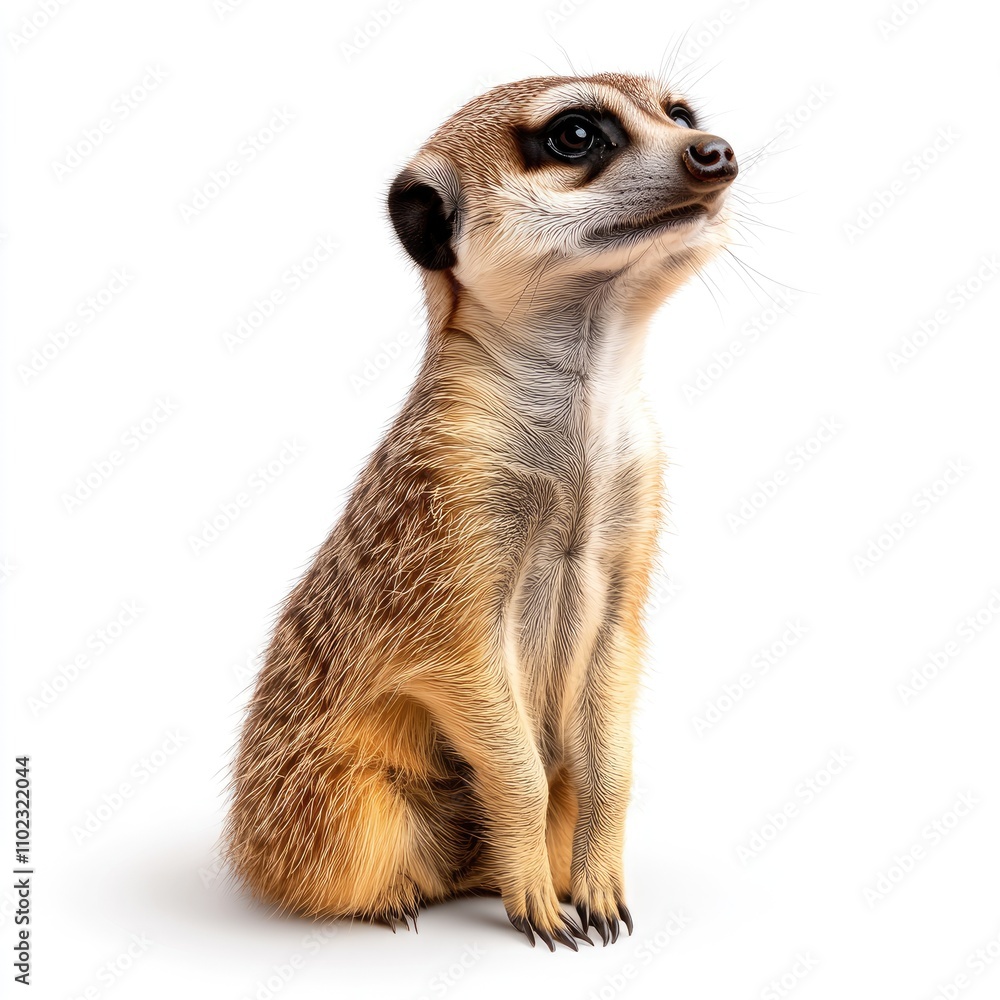 Cute and Curious Meerkat Sitting Upright Against a White Background, Captivating Expression and Soft Fur Showcasing the Charm of this Social Animal Cute and Curious Meerkat Sitting Upright Against a White Background, Captivating Expression and Soft Fur Showcasing the Charm of this Social Animal