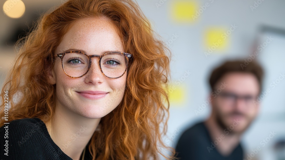A young woman with curly red hair and glasses is warmly smiling at the camera. Her surroundings include a softly blurred background that suggests a casual environment.