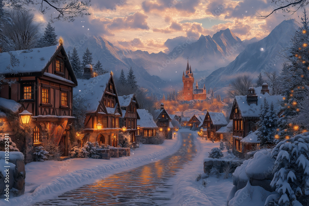 Fototapeta premium Fairy-Tale Winter Scene Of Snow-Covered Arendelle: Picturesque Houses, Royal Castle, And Snow-Capped Mountains Create A Magical Ambiance With Warm Lantern Lights And Falling Snowflakes