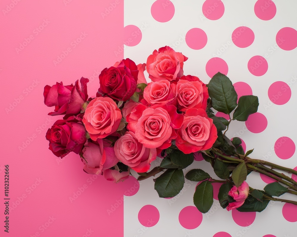 A vibrant bouquet of pink and red roses arranged on a playful polka-dot background, perfect for celebrations and romantic occasions. A vibrant bouquet of pink and red roses arranged on a playful polka-dot background, perfect for celebrations and romantic occasions.