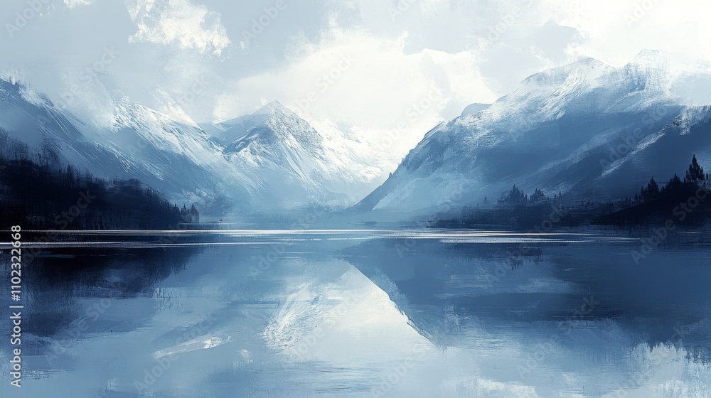 Fototapeta premium A Tranquil Blue Mountain Landscape with a Still Lake