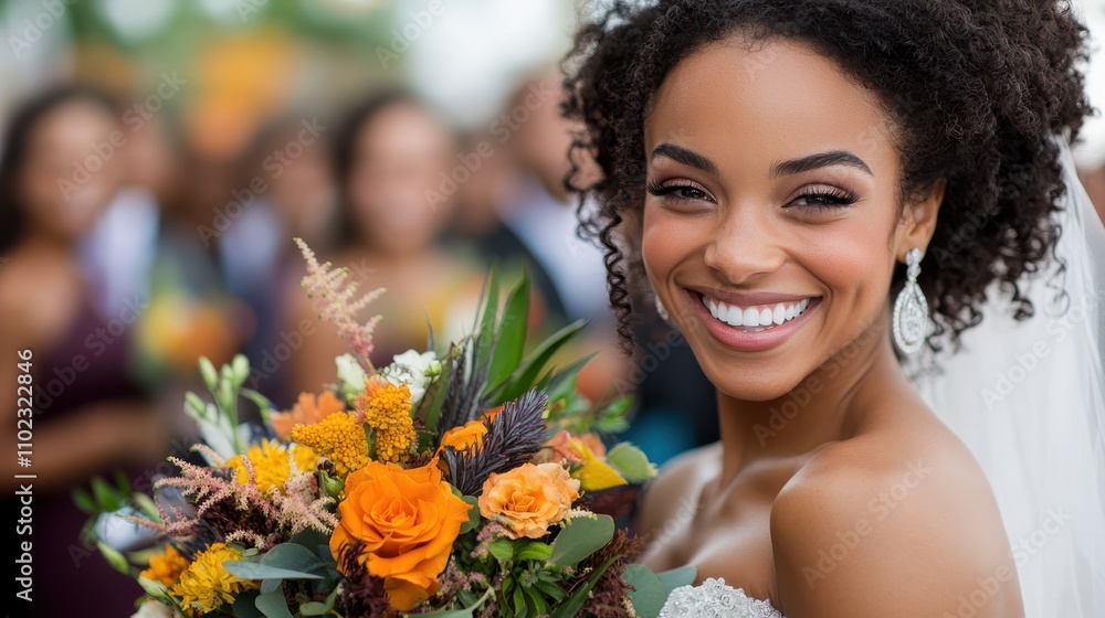 The bride beams with joy as she holds a bouquet adorned with orange and yellow flowers, captured during a festive outdoor wedding with guests in the background. The bride beams with joy as she holds a bouquet adorned with orange and yellow flowers, captured during a festive outdoor wedding with guests in the background.