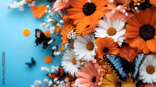 A collection of butterflies with contrasting black, blue, and orange colors flutter among an assortment of daisies, daylilies, and other vibrant flowers on a clear day. photo