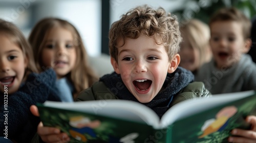A group of children excitedly reads a colorful storybook, their expressions full of joy and anticipation, encapsulating themes of wonder, sharing, and growth.