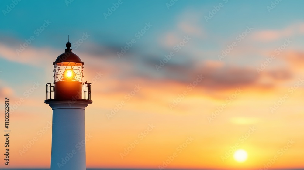 A majestic lighthouse stands illuminated with its light shining brightly as the sun sets on the horizon, casting a soothing glow over the vibrant ocean sky.