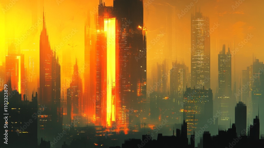Fiery Metropolis: A Futuristic Cityscape at Sunrise Fiery Metropolis: A Futuristic Cityscape at Sunrise