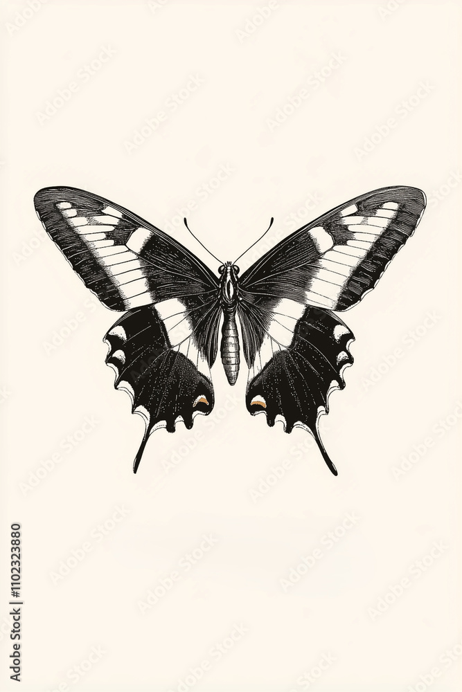 Fototapeta premium An elegant black and white illustration capturing a butterfly's grace.