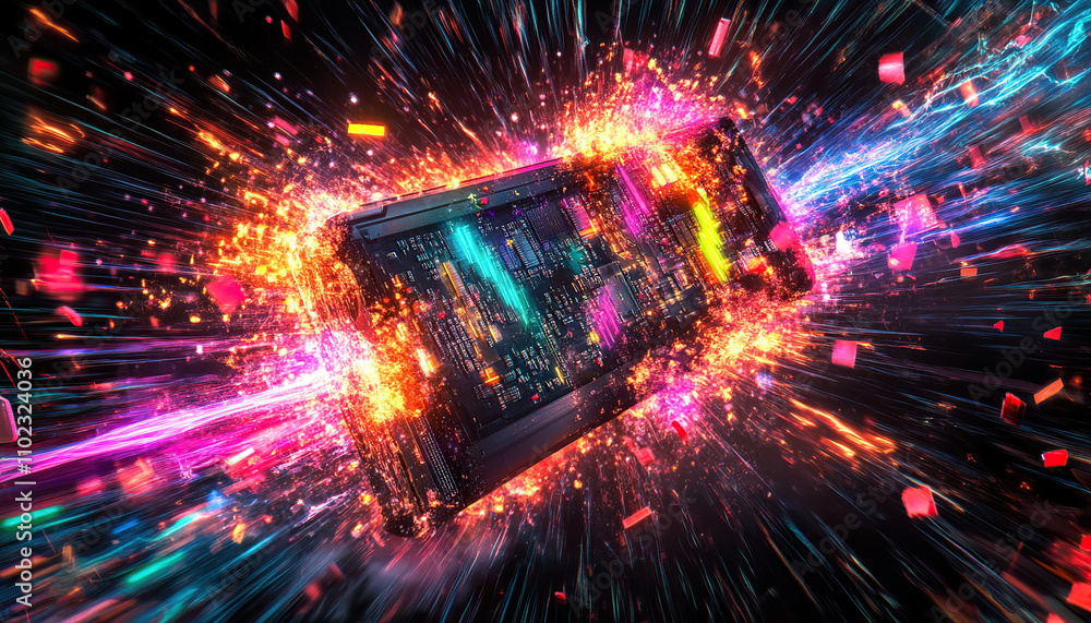 Graphic card explosion with colorful light and sparkling effects Graphic card explosion with colorful light and sparkling effects