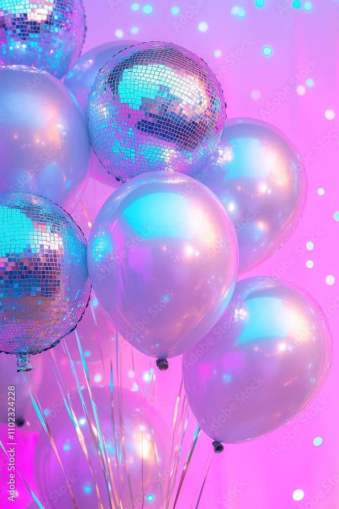 party atmosphere with disco ball balloons and pastel colors on a holographic purple background with light dots party atmosphere with disco ball balloons and pastel colors on a holographic purple background with light dots