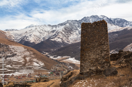 Ancient defensive towers in the mountains of Caucasus. Cmiti, North Ossetia, Russia