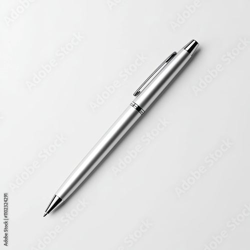 Elegant Silver Ballpoint Pen on a Clean White Background Ideal for Business, Writing, and Office Use Showcasing Minimalistic Design and Professional Aesthetic