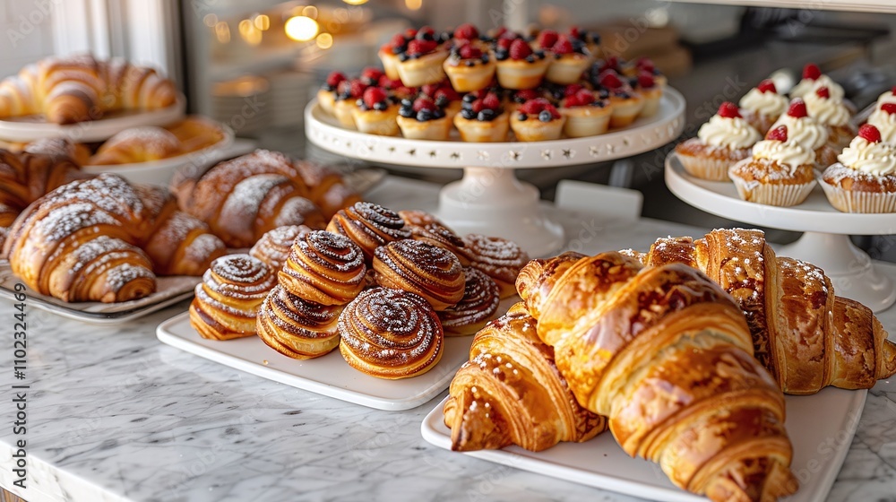 Variety of gourmet pastries and desserts, croissants and berry tarts, elegant bakery setup, artisanal baked goods, marble counter, natural light, inviting and stylish presentation
Variety of gourmet pastries and desserts, croissants and berry tarts, elegant bakery setup, artisanal baked goods, marble counter, natural light, inviting and stylish presentation