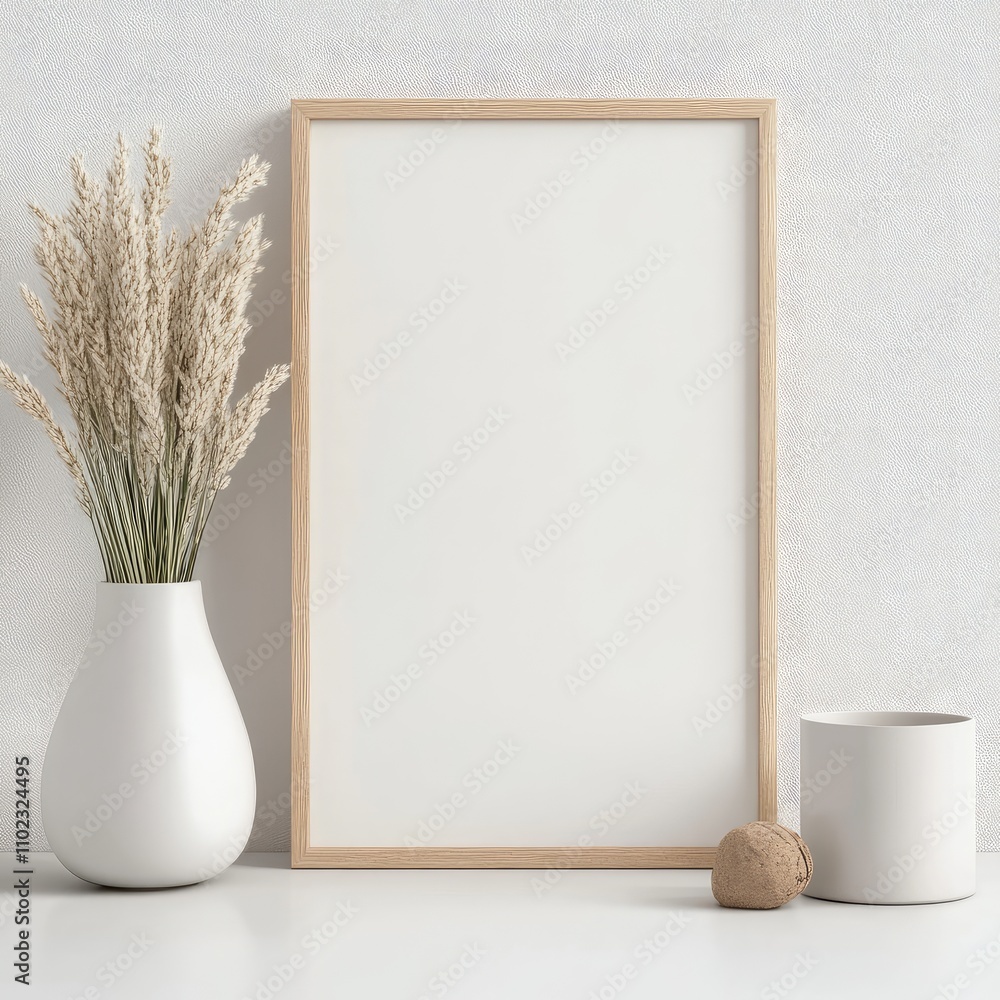 Minimalist Interior Scene with Empty Picture Frame and Decorative Objects on White Table in Modern Home Minimalist Interior Scene with Empty Picture Frame and Decorative Objects on White Table in Modern Home