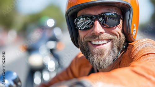 A smiling biker in an orange helmet and matching jacket enjoys a thrilling ride in the desert landscape. A sense of adventure and freedom pervades the scene. photo