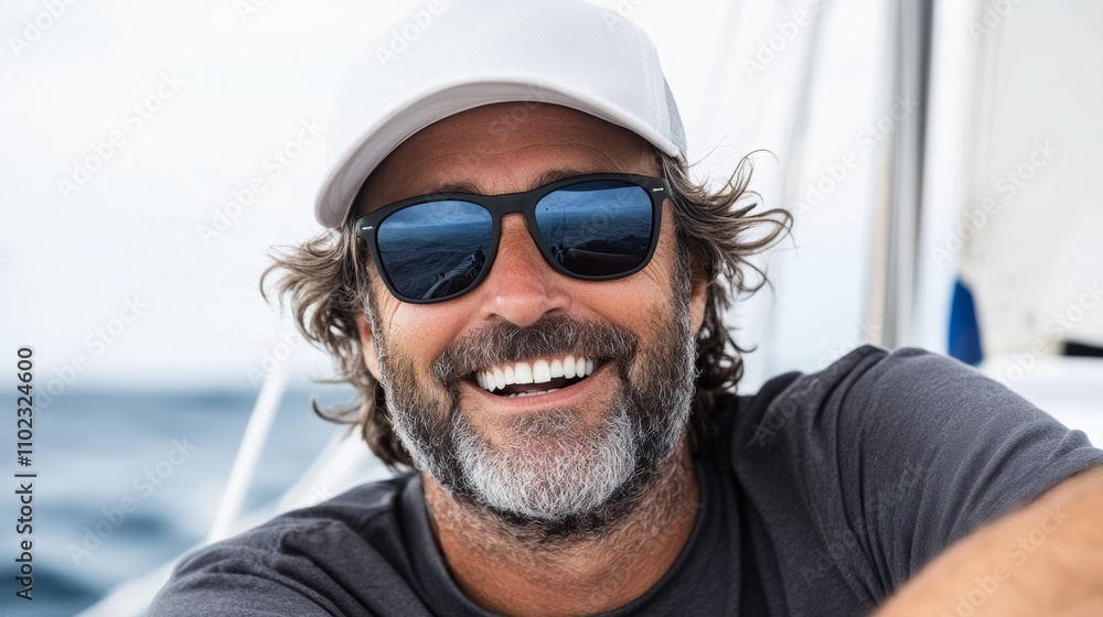 Man with a white hat and sunglasses is smiling. He is wearing a black shirt and has a beard Man with a white hat and sunglasses is smiling. He is wearing a black shirt and has a beard