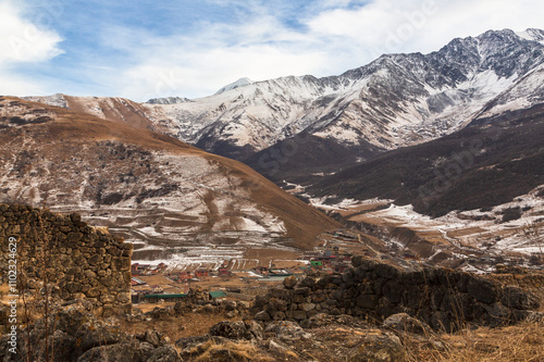 Ancient defensive towers in the mountains of Caucasus. Cmiti, North Ossetia, Russia