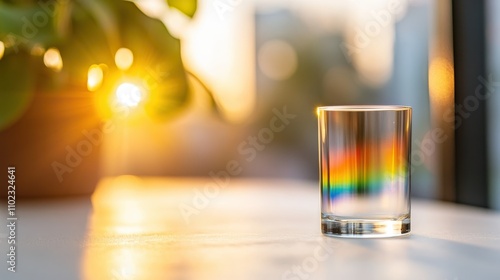 The serene beauty of a rainbow refracted through a clear glass onto a white tabletop in sun-drenched surroundings, providing a tranquil and inspiring visual. photo