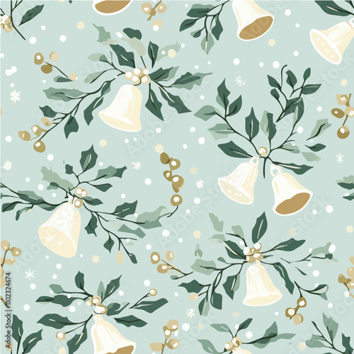Vector Minimal seamless pattern of Christmas bells and mistletoe