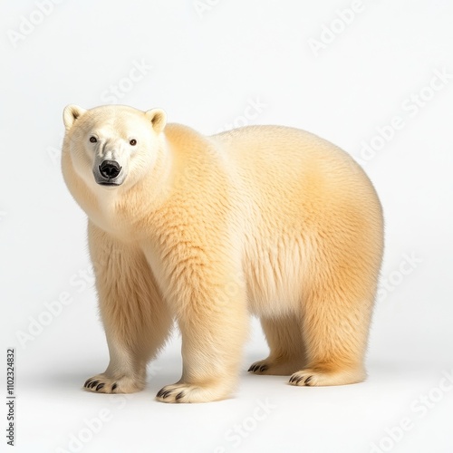 A Majestic Polar Bear Standing on a White Background, Showcasing Its Thick Fur and Distinctive Features in a Captivating Portrait