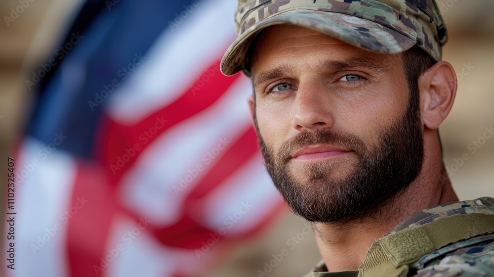 A confident soldier in full uniform gazes ahead with determination, standing proudly in front of a flag fluttering softly in a patriotic backdrop. A confident soldier in full uniform gazes ahead with determination, standing proudly in front of a flag fluttering softly in a patriotic backdrop.