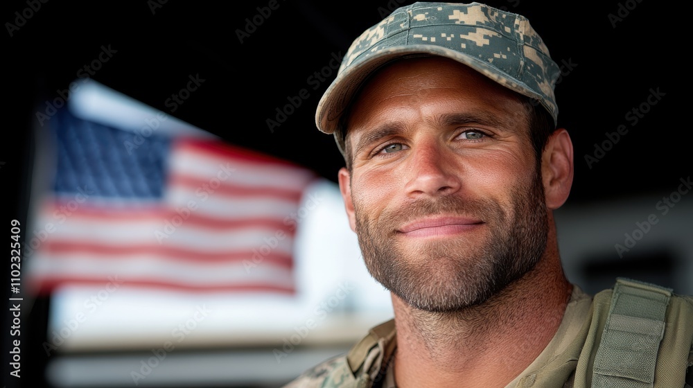 A cheerful soldier smiles warmly while standing in front of a waving flag, his uniform detailed in a close-up shot that exudes pride and patriotism. A cheerful soldier smiles warmly while standing in front of a waving flag, his uniform detailed in a close-up shot that exudes pride and patriotism.