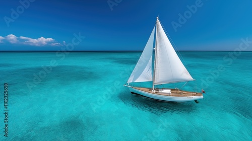 White sailboat gliding across a shimmering blue sea. Luxury yacht on a sunny day