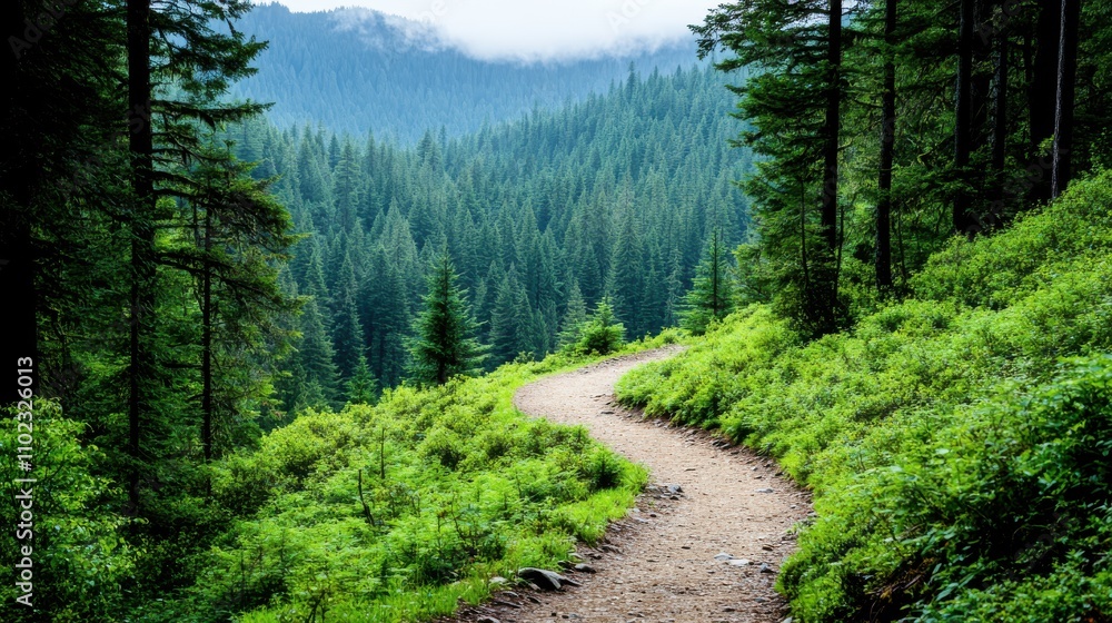 A tranquil, winding path leads through a lush forested area, inviting explorers to adventure amidst a serene natural environment and towering evergreen trees. A tranquil, winding path leads through a lush forested area, inviting explorers to adventure amidst a serene natural environment and towering evergreen trees.