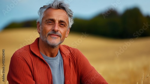 Man in a red sweater is smiling in a field. Scene is cheerful and relaxed