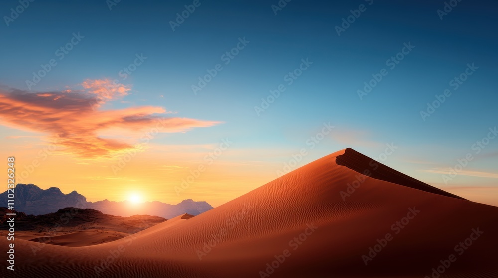 A breathtaking view of a desert landscape featuring a towering sand dune and a vibrant sunset, creating a dramatic and captivating natural scene. A breathtaking view of a desert landscape featuring a towering sand dune and a vibrant sunset, creating a dramatic and captivating natural scene.