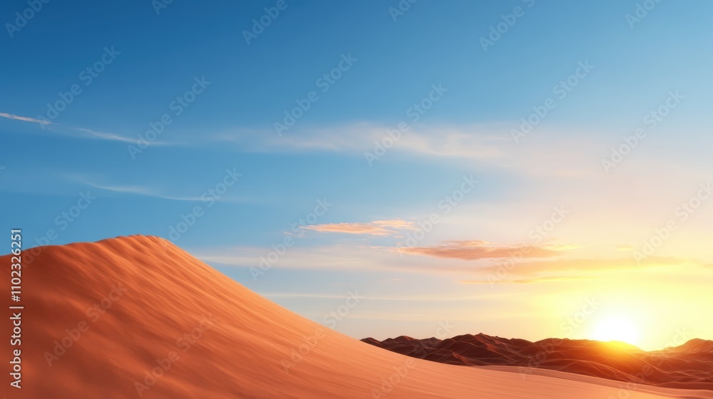 A gently curving sand dune stretches across the desert, bathed in the golden hue of the rising sun, creating a scene full of warmth and tranquility. A gently curving sand dune stretches across the desert, bathed in the golden hue of the rising sun, creating a scene full of warmth and tranquility.
