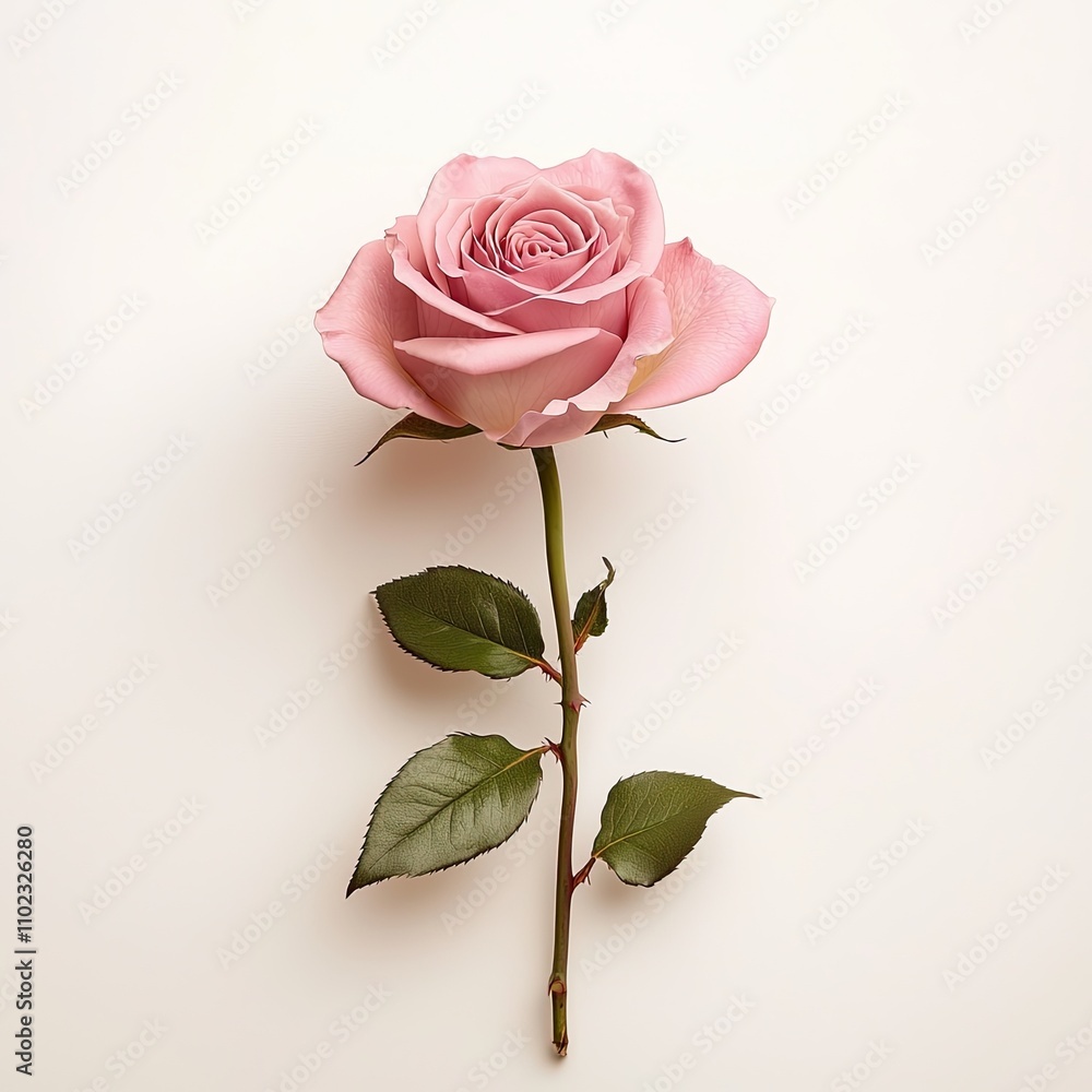Naklejka premium Delicate Pink Rose Isolated on a Soft Background with Green Leaves, Symbolizing Love, Romance, and Natural Beauty for Floral Arrangements and Design Projects