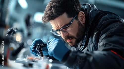 A lab technician arduously examines samples using advanced tools in a well-equipped laboratory, demonstrating thorough analysis and commitment to scientific progress. photo