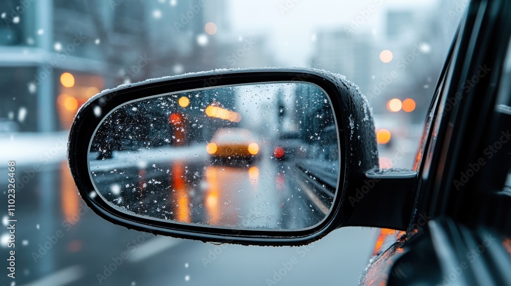 The bright city lights reflected in a car's snowy side mirror contrast with the cold winter night, capturing the warm energy of the bustling urban setting. The bright city lights reflected in a car's snowy side mirror contrast with the cold winter night, capturing the warm energy of the bustling urban setting.
