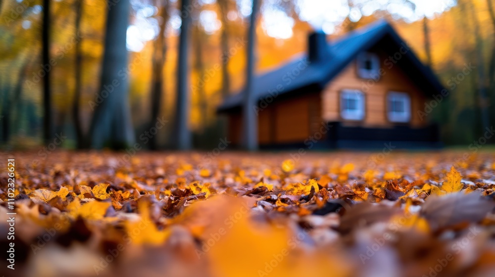 A charming wooden cabin set in a tranquil forest, surrounded by vibrant fall foliage and a thick carpet of golden leaves, exemplifying the beauty of autumn. A charming wooden cabin set in a tranquil forest, surrounded by vibrant fall foliage and a thick carpet of golden leaves, exemplifying the beauty of autumn.
