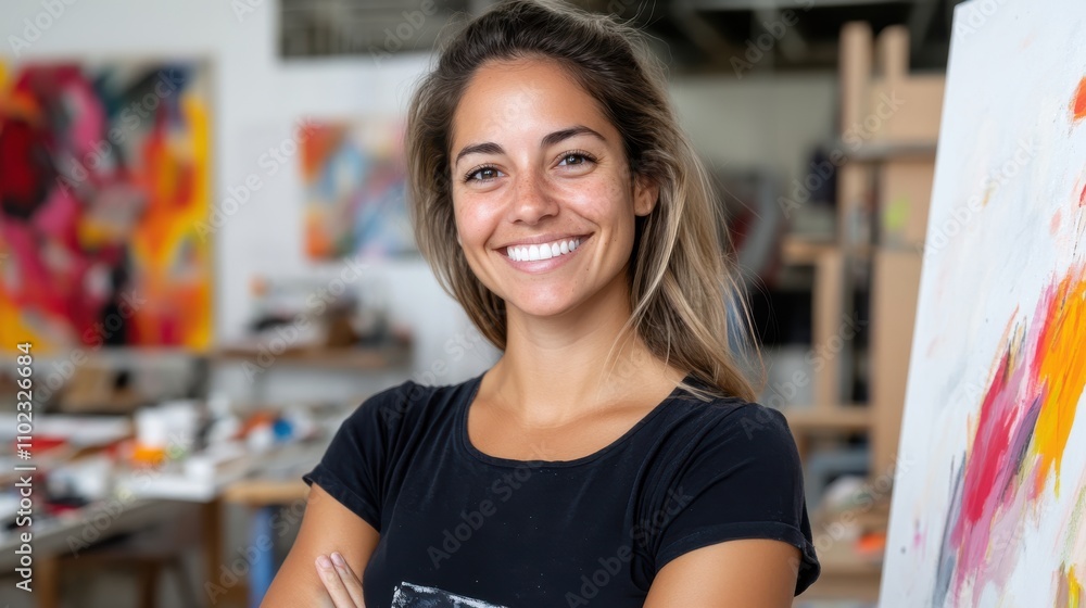 A content artist stands in her studio, encircled by vibrant abstract art pieces. Her smile reflects her love for painting, creativity, and her artistic environment. A content artist stands in her studio, encircled by vibrant abstract art pieces. Her smile reflects her love for painting, creativity, and her artistic environment.