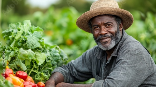 A smiling elderly farmer wearing a cowboy hat outdoors