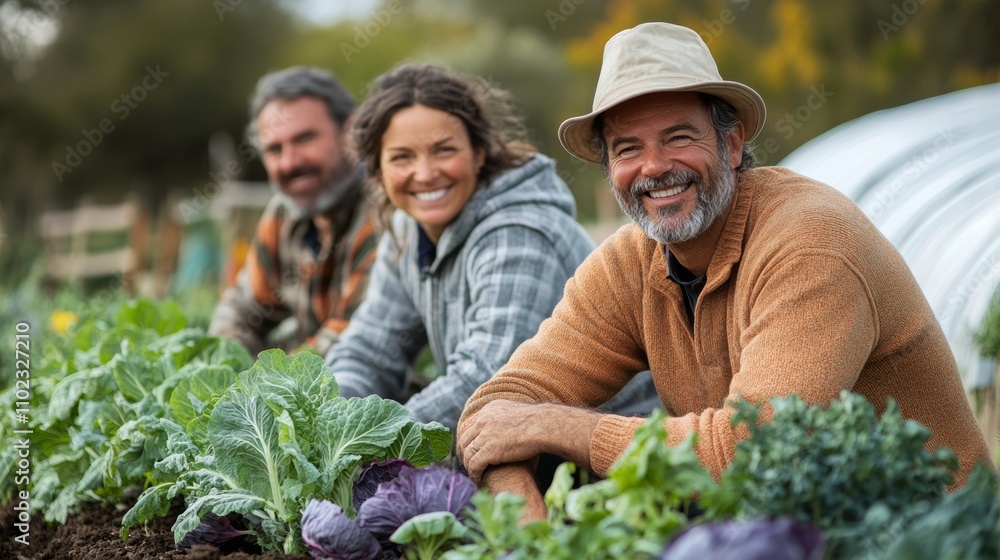 Three people are posing in a garden with a variety of vegetables. The man is wearing a hat and the woman is wearing a jacket. Scene is cheerful and lighthearted Three people are posing in a garden with a variety of vegetables. The man is wearing a hat and the woman is wearing a jacket. Scene is cheerful and lighthearted