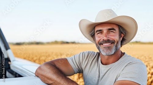 Man wearing a cowboy hat is smiling and posing for a picture. He is sitting in the back of a white truck