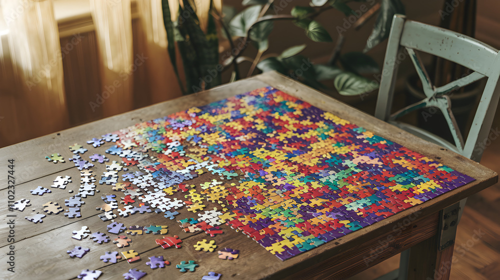 Fototapeta premium Work-life balance hobbies concept. A colorful jigsaw puzzle scattered on a wooden table, surrounded by a warm, inviting atmosphere with natural light and greenery.