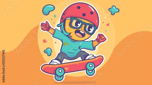 A cartoon illustration of a skater with glasses, a helmet, and gloves, skateboarding on an orange background.