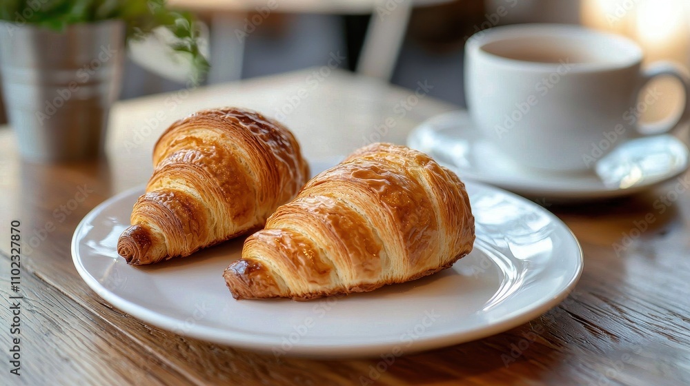 A Cozy Bistro Setting Featuring Freshly Baked Croissants Paired with a Warm Cup of Coffee in a Charming Cafe Environment A Cozy Bistro Setting Featuring Freshly Baked Croissants Paired with a Warm Cup of Coffee in a Charming Cafe Environment
