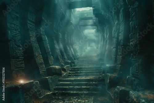 Underground ancient temple inside the ruins of Egyptian stone tombs. Pyramids of Egypt, inner chambers. 