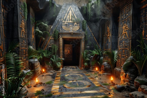 Room inside of Egyptian stone tombs. Pyramids of Egypt, inner chambers. Underground ancient temple. 
