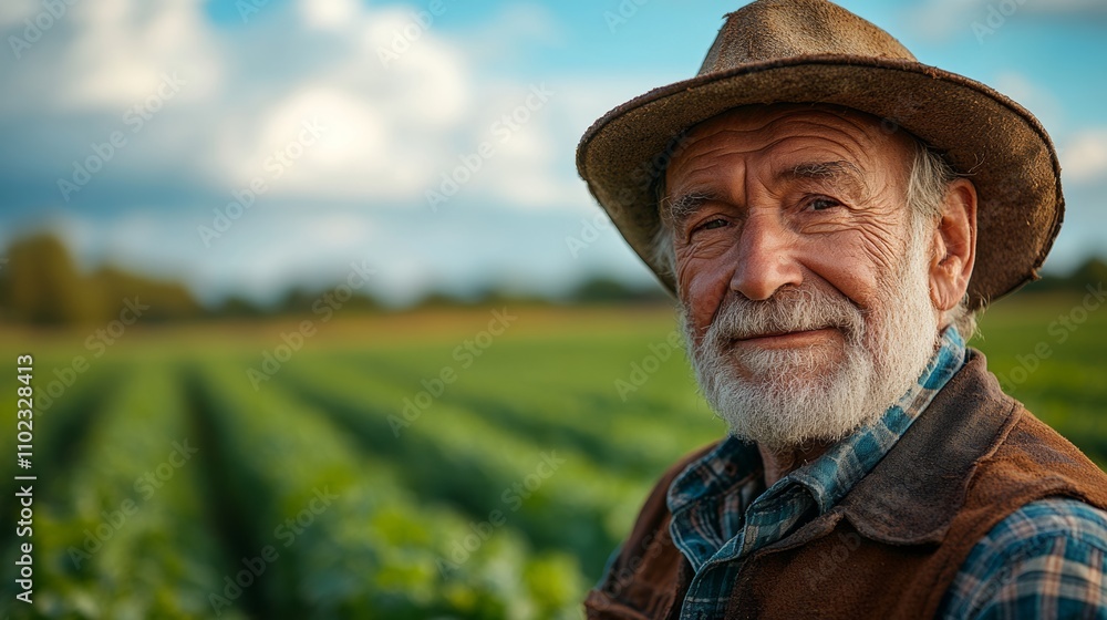 Man wearing a hat and a vest is smiling in a field. The field is full of green plants and the man is enjoying his time there Man wearing a hat and a vest is smiling in a field. The field is full of green plants and the man is enjoying his time there