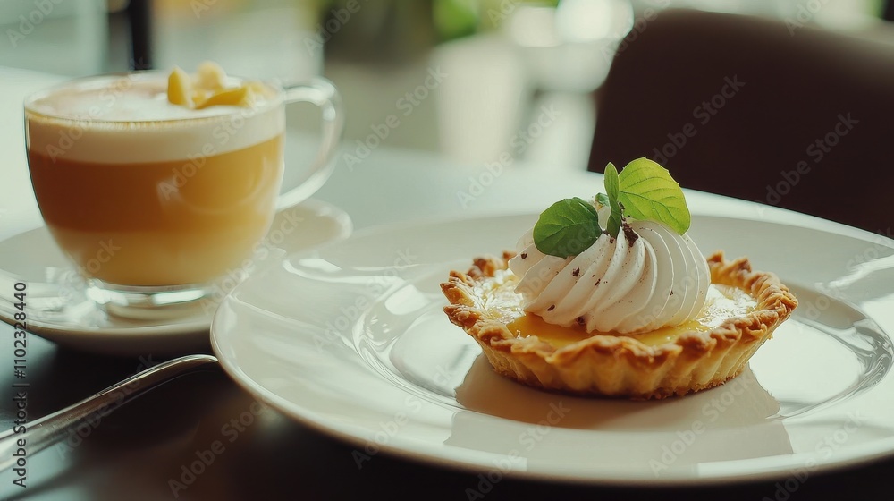 Delicious Coffee and Dessert Experience at a Cozy Bistro Featuring Creamy Tarte and Smooth Beverage Perfect for Indulging in a Relaxing Moment Delicious Coffee and Dessert Experience at a Cozy Bistro Featuring Creamy Tarte and Smooth Beverage Perfect for Indulging in a Relaxing Moment