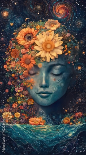 Serene Floral Face Adorned With Celestial Cosmos