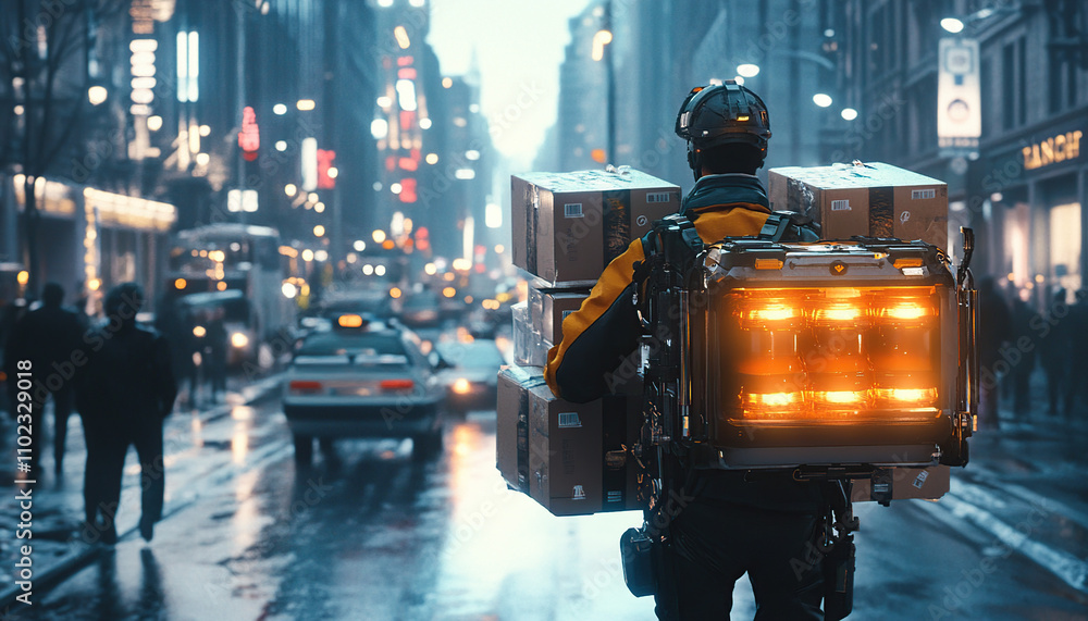 Courier with an exoskeleton transporting packages in a city street Courier with an exoskeleton transporting packages in a city street